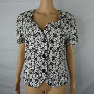 Donna Ricco Black White Short Sleeve Floral Blazer Jacket Career Cotton Acetate